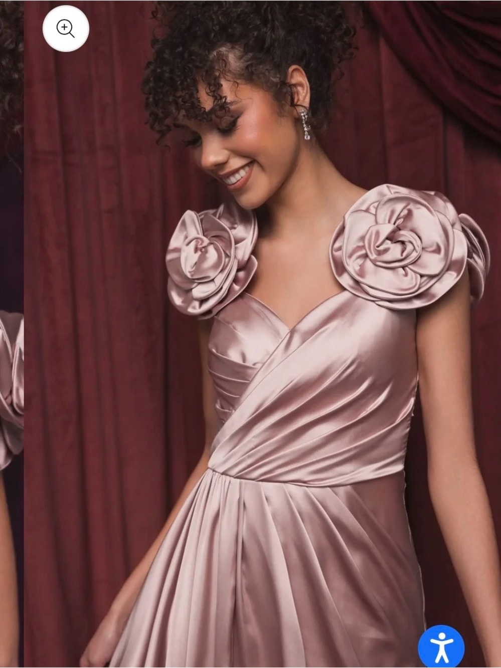 Pink Faux Wrap Satin Gown With 3D Flower Straps